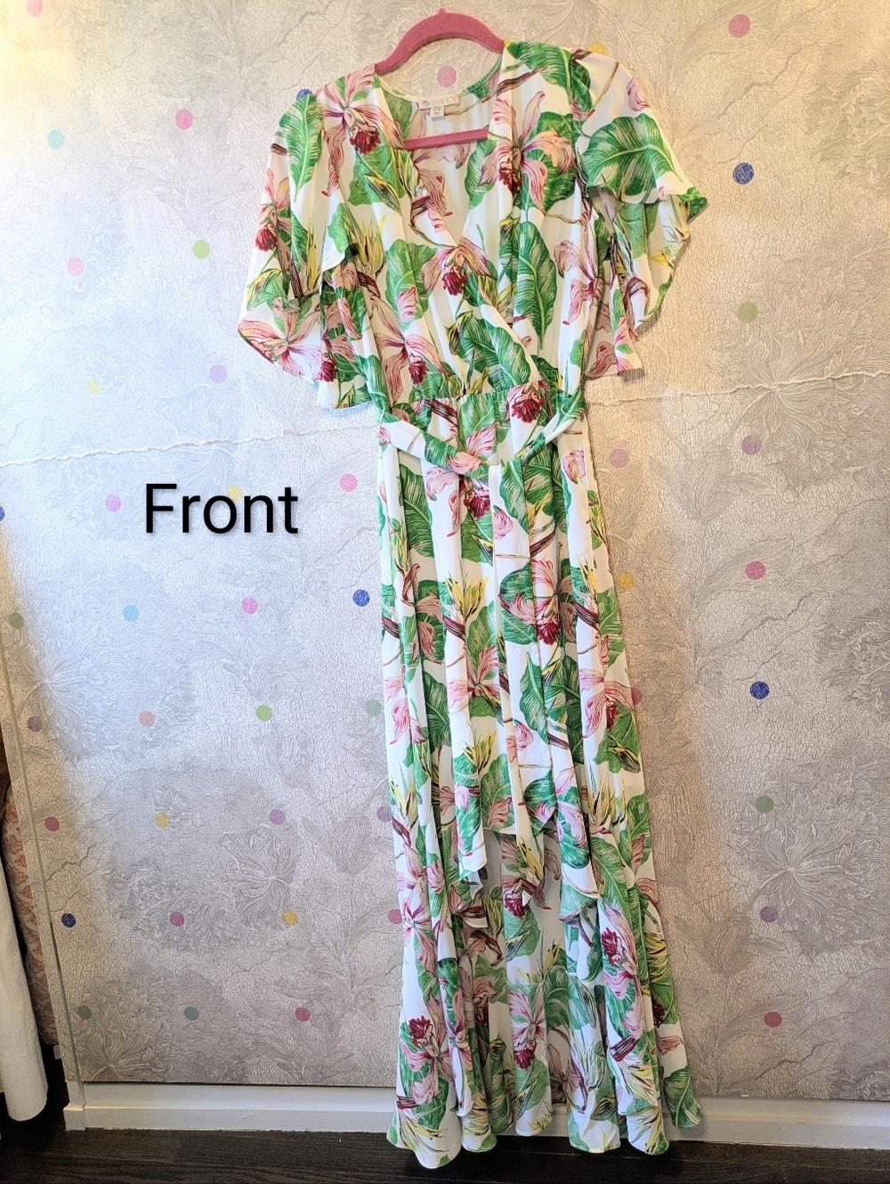 Maxi Wrap Dresswith High-Low Hem, Green & Pink Tropical Print